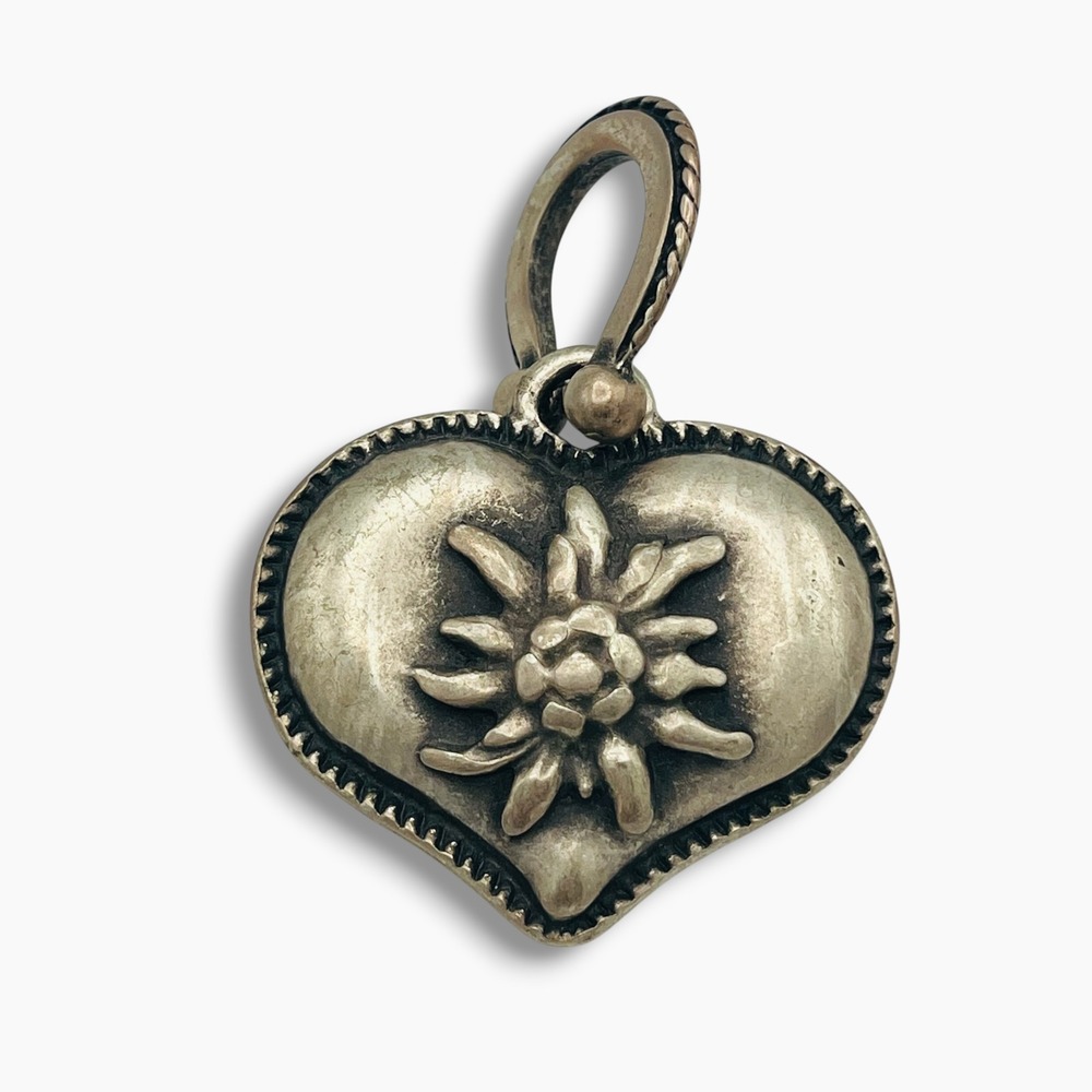 Vintage Silver Tone Edelweiss Puffed Heart Pendant Charm Alpine Style Keychain